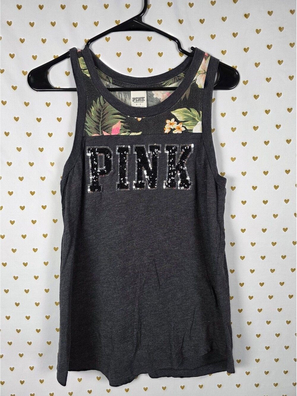 Victorias Secret PINK BLING hawaiian Black Sequined Tank Top Muscle Tee SMALL